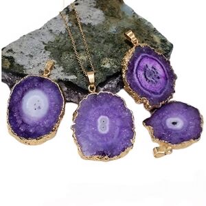 Purple Agate Pendant In Gold Tone Setting Boho